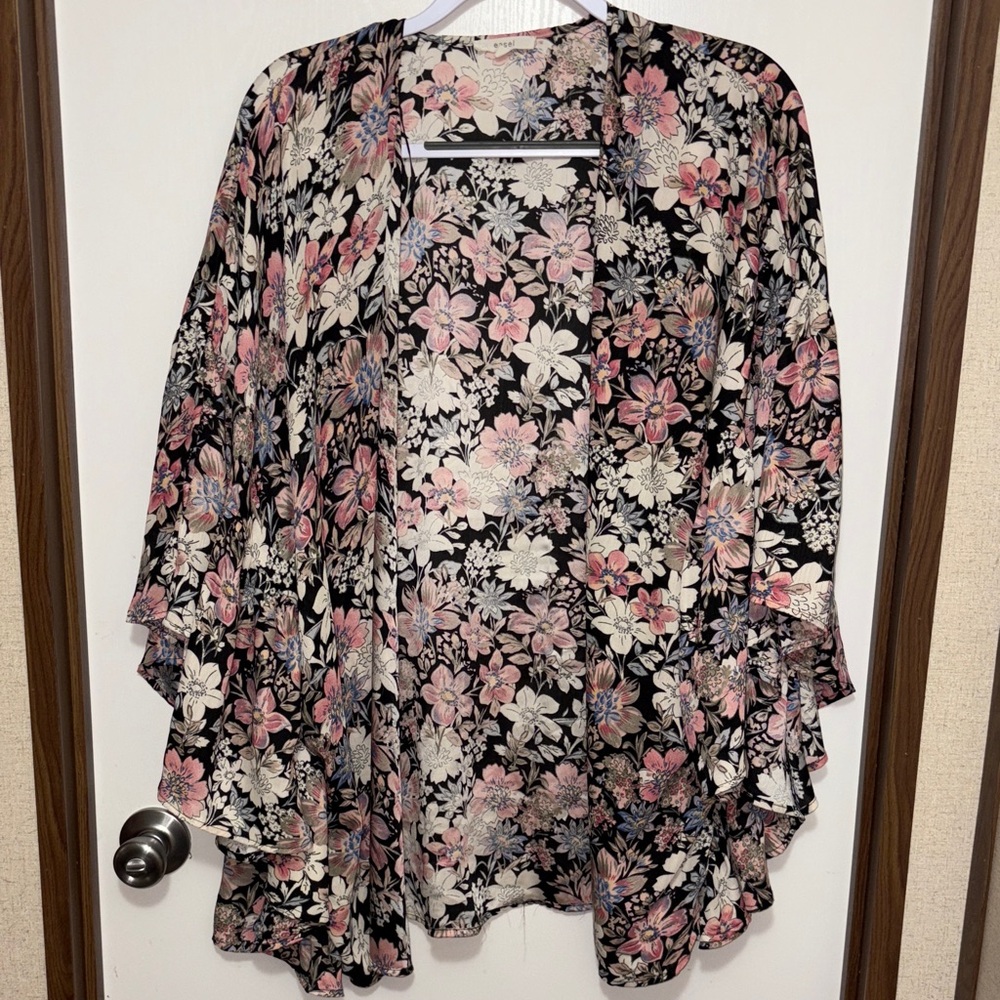 Easel Floral Kimono Cardigan Womens Medium Open Front Sheer Flowy Duster Boho